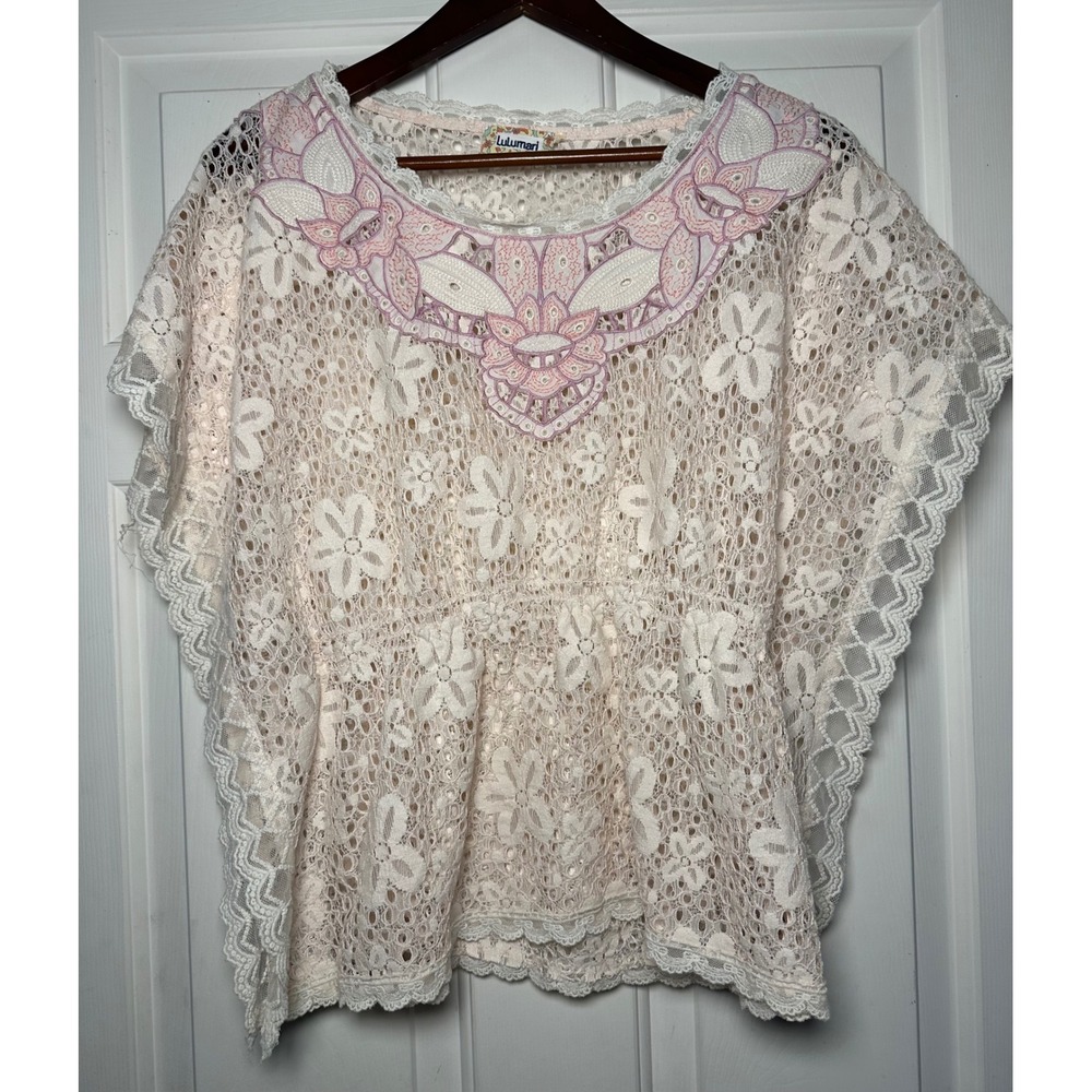 Lulamari Boho Lace Butterfly Sleeve Top Pink White Embroidered Peasant Size S‎